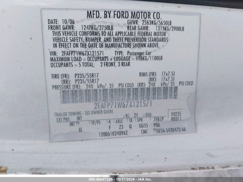 2007 Ford Crown Victoria Police/Police Interceptor VIN: 2FAFP71W67X121571 Lot: 40607326