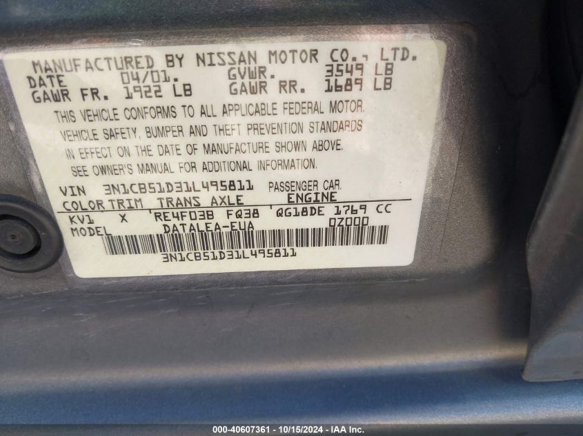 2001 Nissan Sentra Gxe VIN: 3N1CB51D31L495811 Lot: 40607361