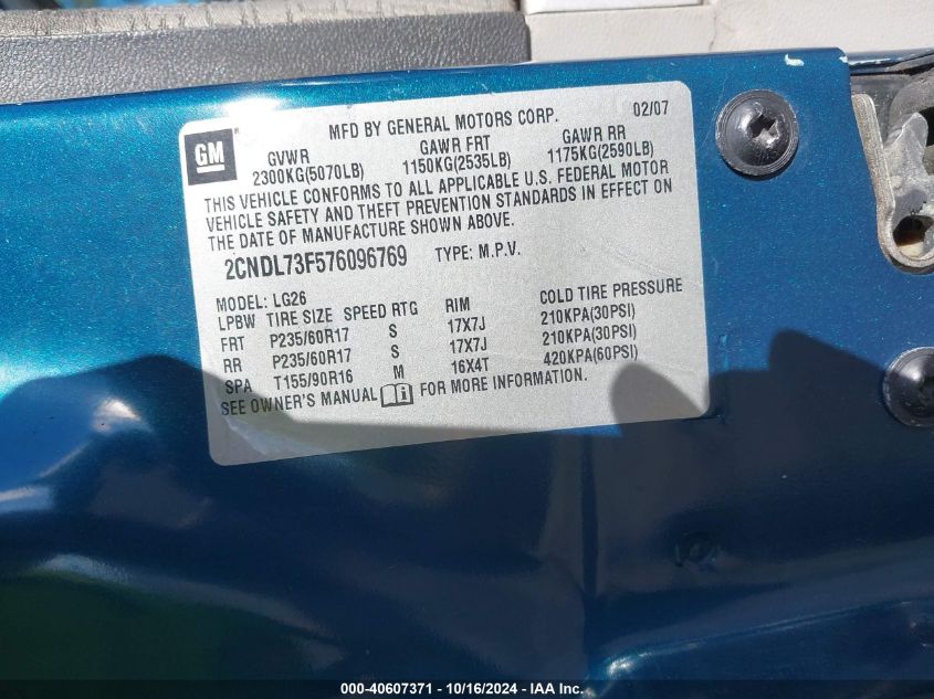 2007 Chevrolet Equinox Lt VIN: 2CNDL73F576096769 Lot: 40607371