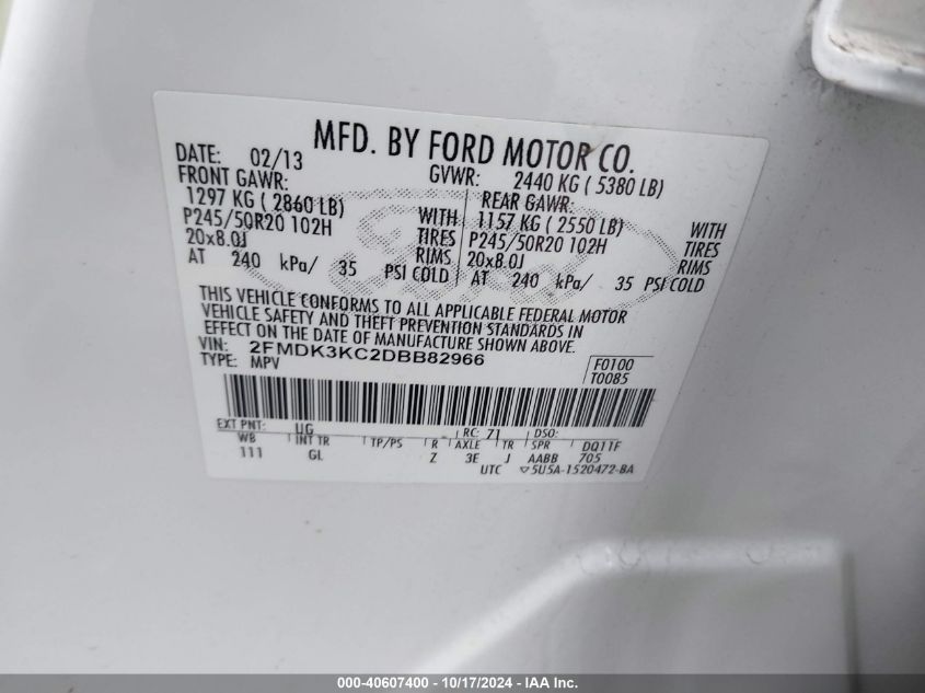 2013 Ford Edge Limited VIN: 2FMDK3KC2DBB82966 Lot: 40607400