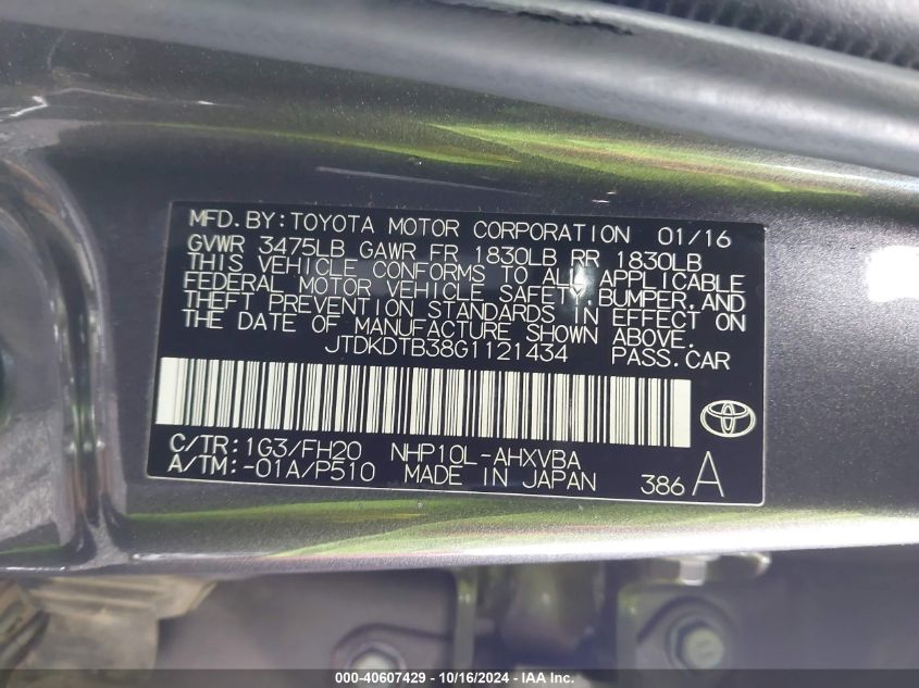 2016 Toyota Prius C One VIN: JTDKDTB38G1121434 Lot: 40607429