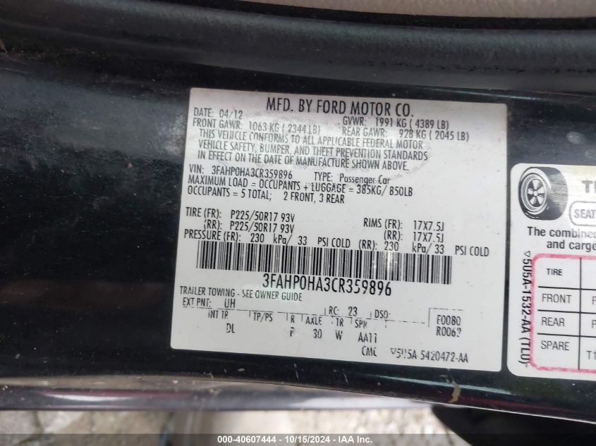 2012 Ford Fusion Se VIN: 3FAHP0HA3CR359896 Lot: 40607444