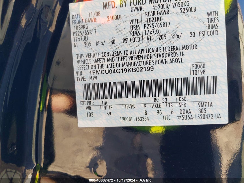 2009 Ford Escape Limited VIN: 1FMCU04G19KB02199 Lot: 40607472