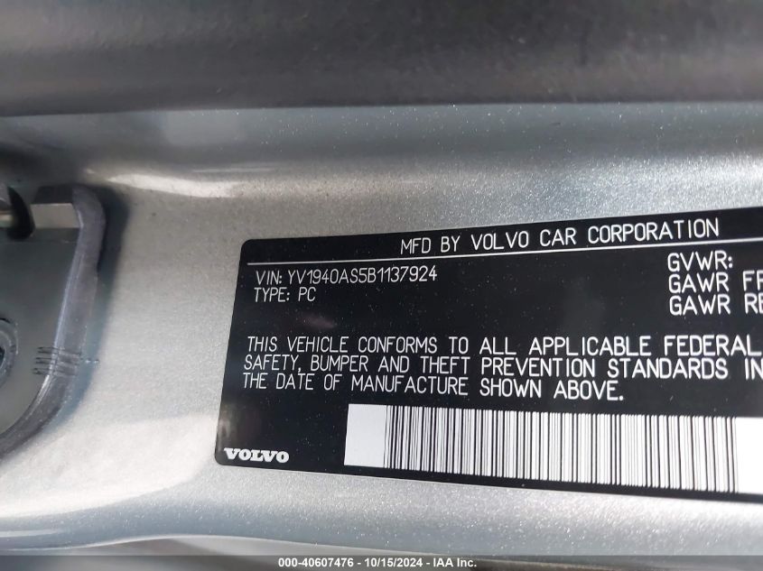 2011 Volvo S80 3.2 VIN: YV1940AS5B1137924 Lot: 40607476