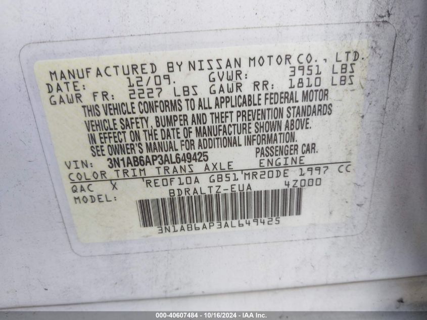 2010 Nissan Sentra 2.0S VIN: 3N1AB6AP3AL649425 Lot: 40607484