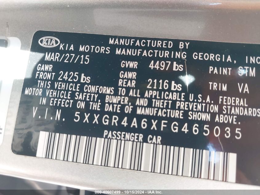 2015 Kia Optima Sx Turbo VIN: 5XXGR4A6XFG465035 Lot: 40607499