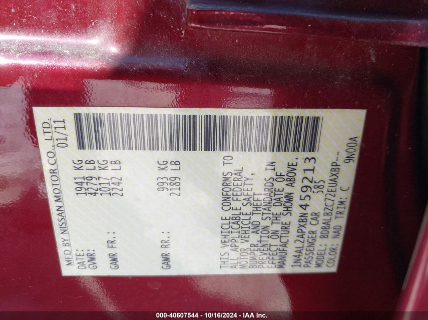 2011 Nissan Altima 2.5 S VIN: 1N4AL2APXBN459213 Lot: 40607544