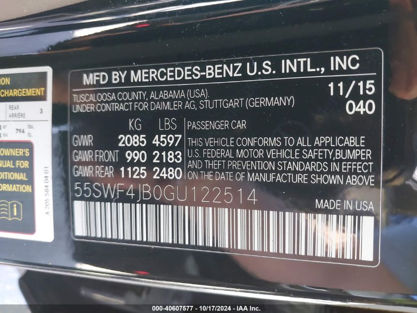 2016 Mercedes-Benz C 300 Luxury/Sport VIN: 55SWF4JB0GU122514 Lot: 40607577