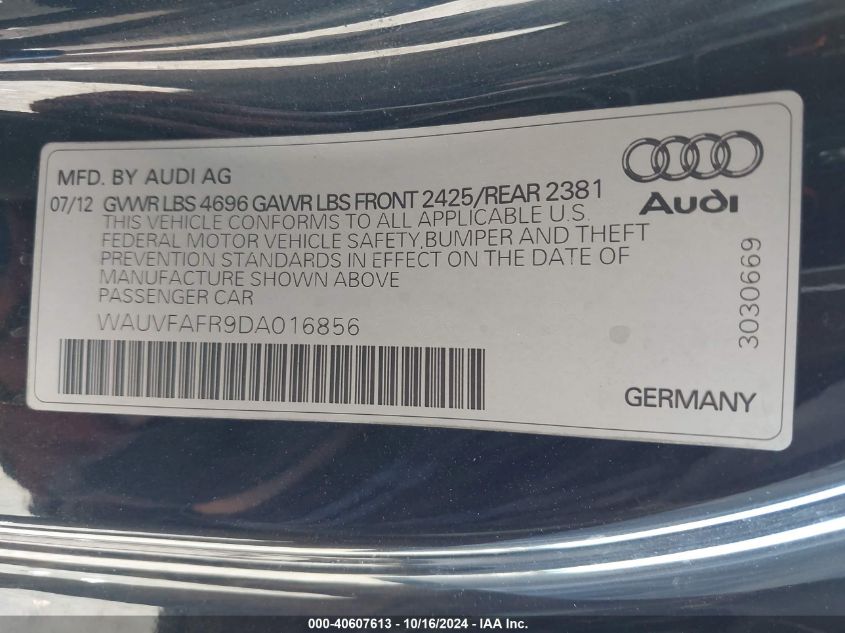 2013 Audi A5 2.0T Premium VIN: WAUVFAFR9DA016856 Lot: 40607613