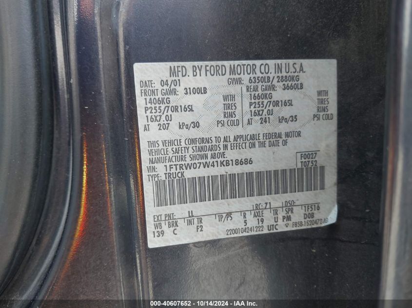 2001 Ford F-150 Harley-Davidson Edition/King Ranch Edition/Lariat/Xlt VIN: 1FTRW07W41KB18686 Lot: 40607652