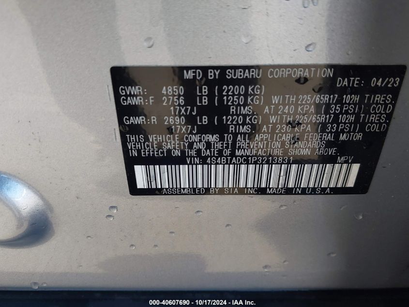 2023 Subaru Outback Premium VIN: 4S4BTADC1P3213831 Lot: 40607690