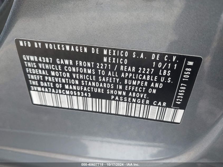 2012 Volkswagen Jetta Gli Autobahn VIN: 3VW4A7AJ8CM059343 Lot: 40607718