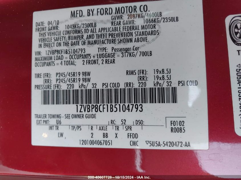 2011 Ford Mustang Gt Premium VIN: 1ZVBP8CF1B5104793 Lot: 40607728