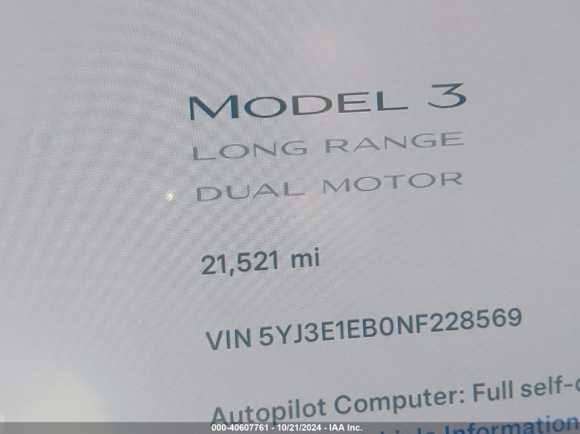 2022 Tesla Model 3 Long Range Dual Motor All-Wheel Drive VIN: 5YJ3E1EB0NF228569 Lot: 40607761