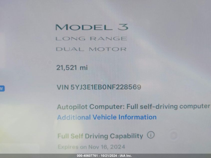 2022 Tesla Model 3 Long Range Dual Motor All-Wheel Drive VIN: 5YJ3E1EB0NF228569 Lot: 40607761