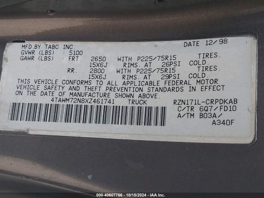 1999 Toyota Tacoma VIN: 4TAWM72N8XZ461741 Lot: 40607766