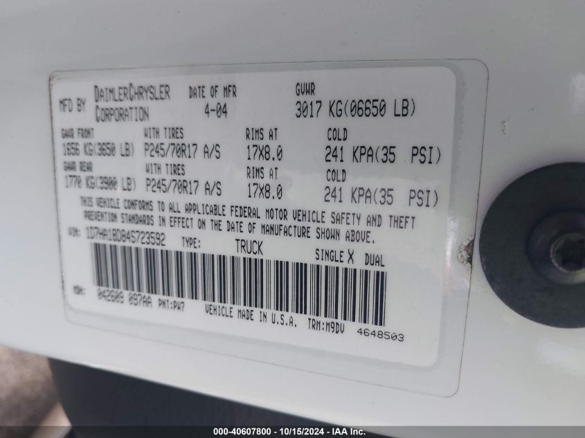 2004 Dodge Ram 1500 Slt/Laramie VIN: 1D7HA18D84S723592 Lot: 40607800