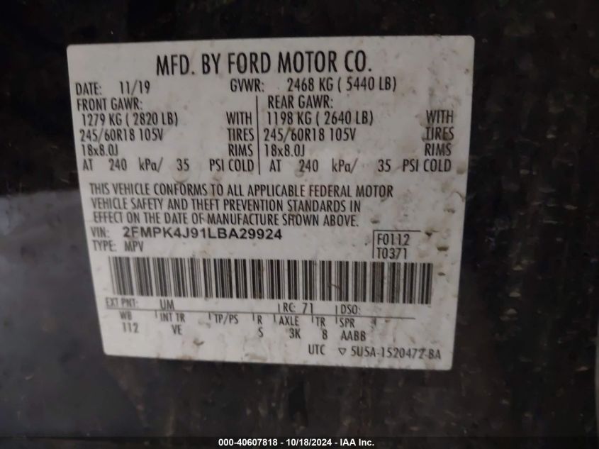 2020 Ford Edge Sel VIN: 2FMPK4J91LBA29924 Lot: 40607818