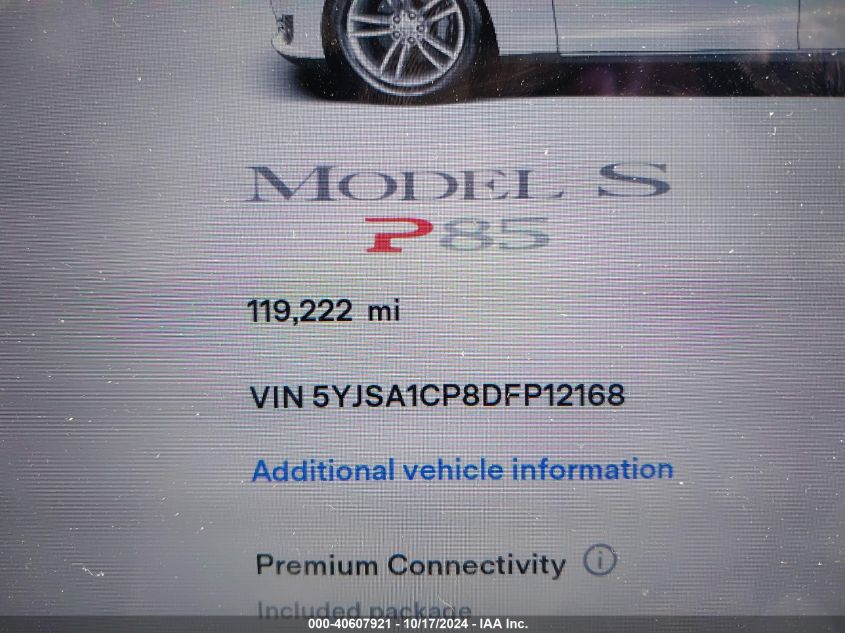 2013 Tesla Model S Performance VIN: 5YJSA1CP8DFP12168 Lot: 40607921