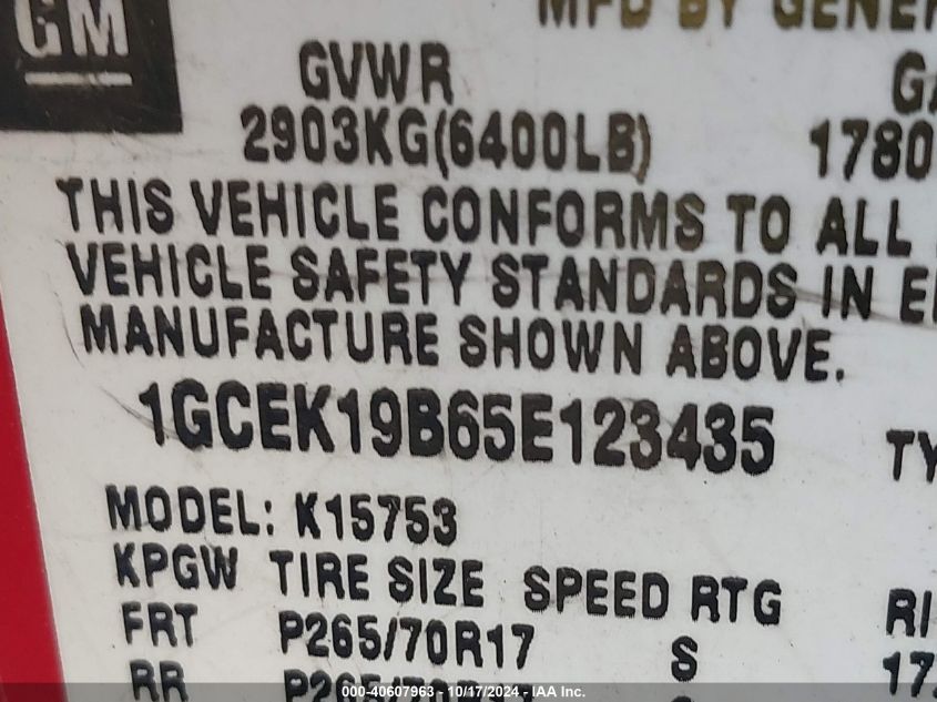 2005 Chevrolet Silverado 1500 Z71 VIN: 1GCEK19B65E123435 Lot: 40607963