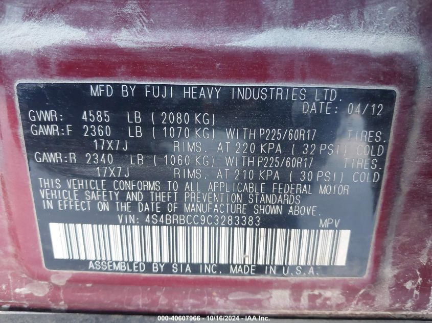 2012 Subaru Outback 2.5I Premium VIN: 4S4BRBCC9C3283383 Lot: 40607966