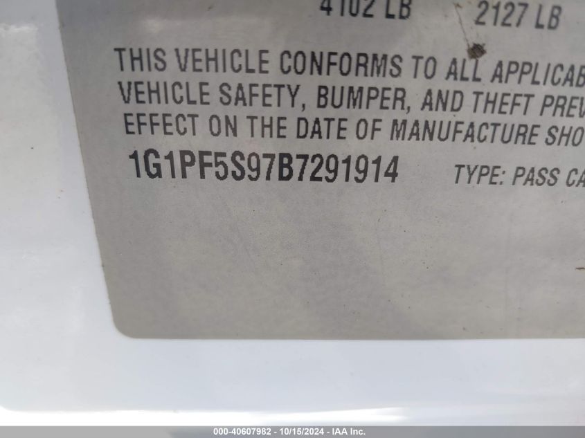 2011 Chevrolet Cruze 1Lt VIN: 1G1PF5S97B7291914 Lot: 40607982