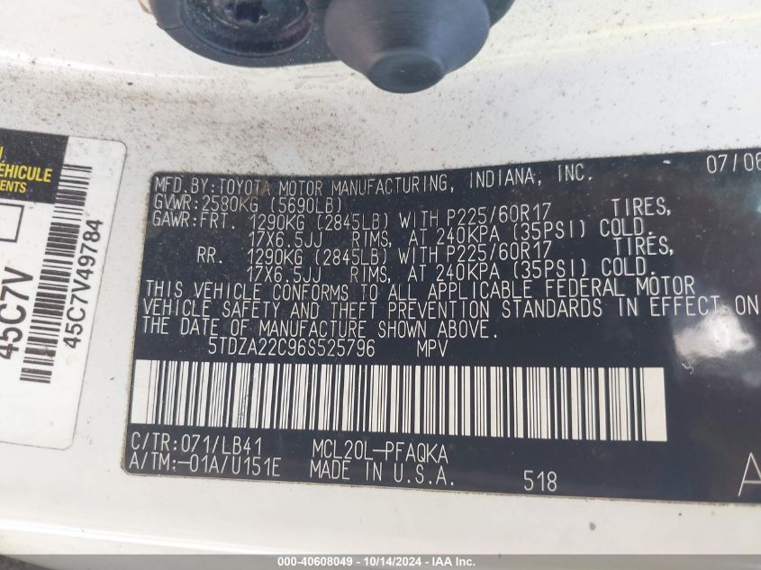 2006 Toyota Sienna Xle VIN: 5TDZA22C96S525796 Lot: 40608049