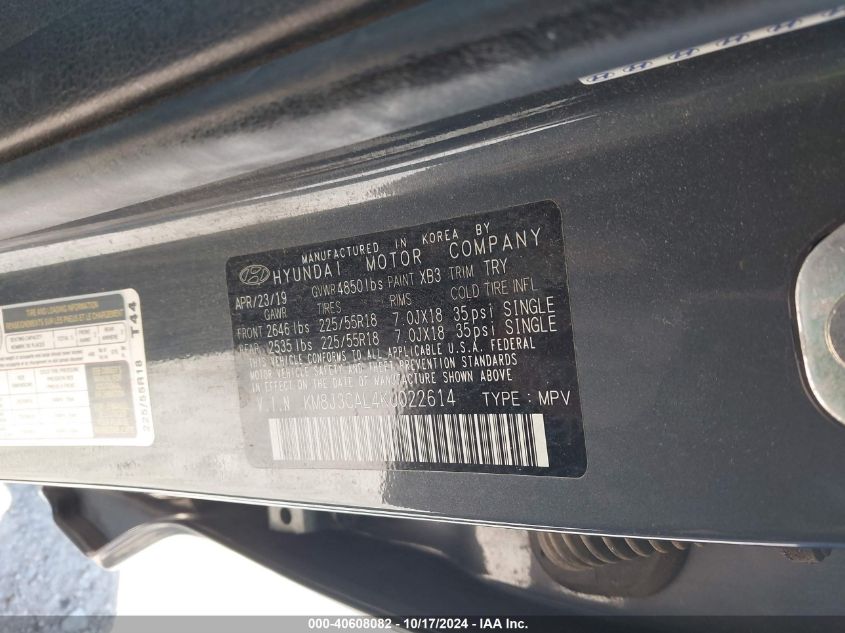 2019 Hyundai Tucson Limited/Sel/Sport/Ultimat VIN: KM8J3CAL4KU022614 Lot: 40608082