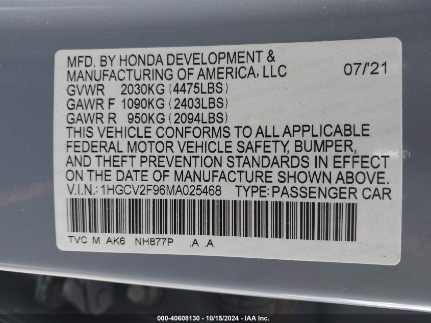 2021 Honda Accord Touring VIN: 1HGCV2F96MA025468 Lot: 40608130