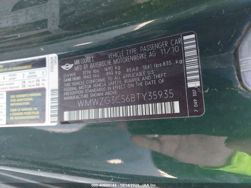 2011 Mini Cooper S Clubman VIN: WMWZG3C56BTY35935 Lot: 40608144