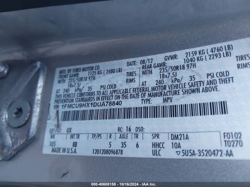 2013 Ford Escape Sel VIN: 1FMCU9HX1DUA78840 Lot: 40608158