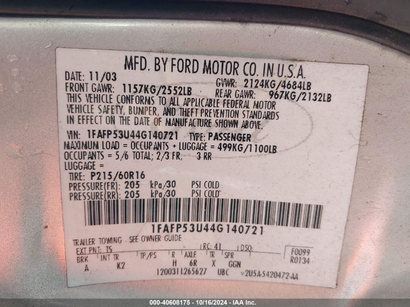 2004 Ford Taurus Se VIN: 1FAFP53U44G140721 Lot: 40608175