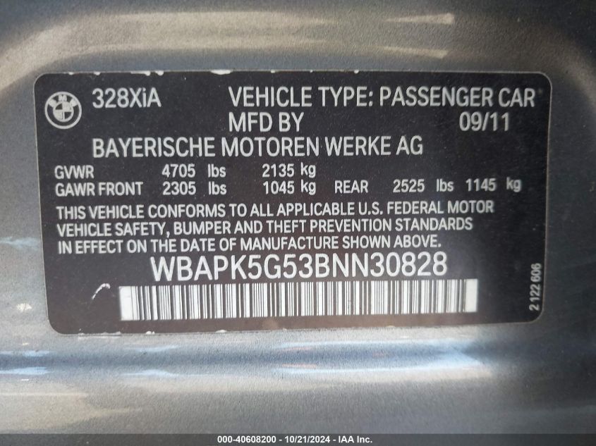 2011 BMW 3 Series 328I xDrive VIN: WBAPK5G53BNN30828 Lot: 40608200