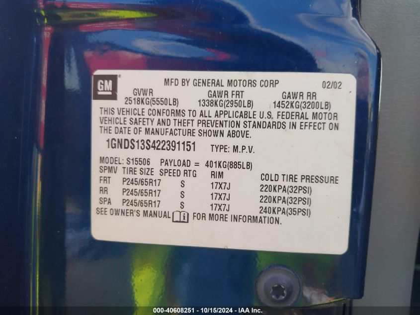 2002 Chevrolet Trailblazer Ltz VIN: 1GNDS13S422391151 Lot: 40608251