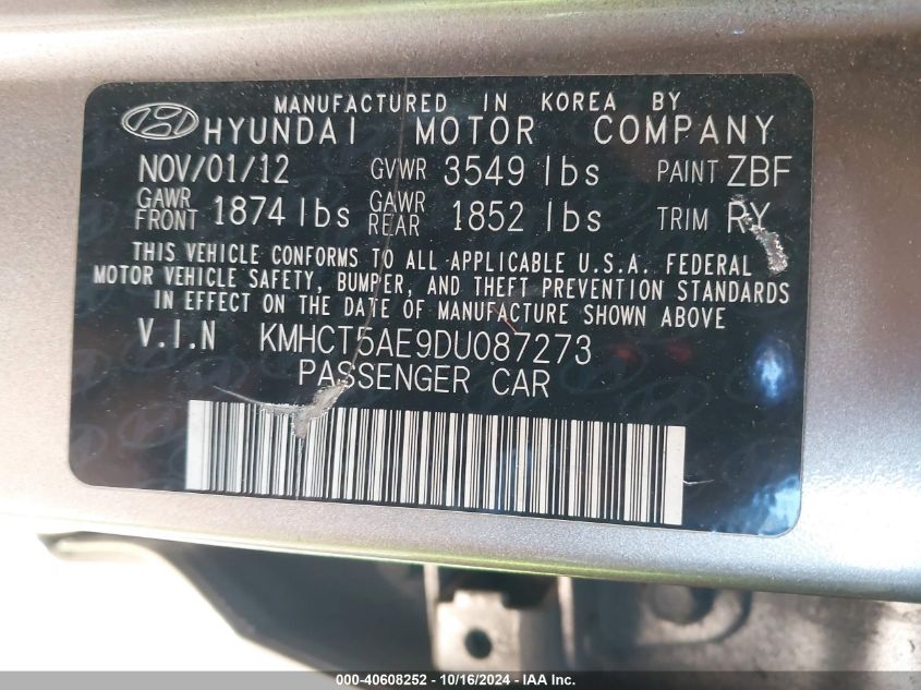 2013 Hyundai Accent Gs VIN: KMHCT5AE9DU087273 Lot: 40608252