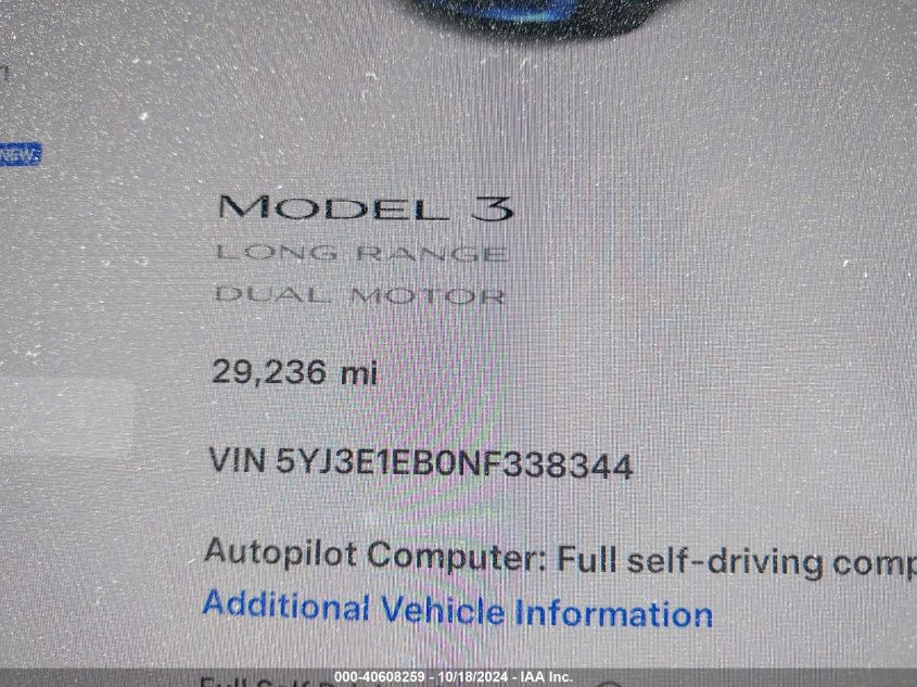 2022 Tesla Model 3 Long Range Dual Motor All-Wheel Drive VIN: 5YJ3E1EB0NF338344 Lot: 40608259