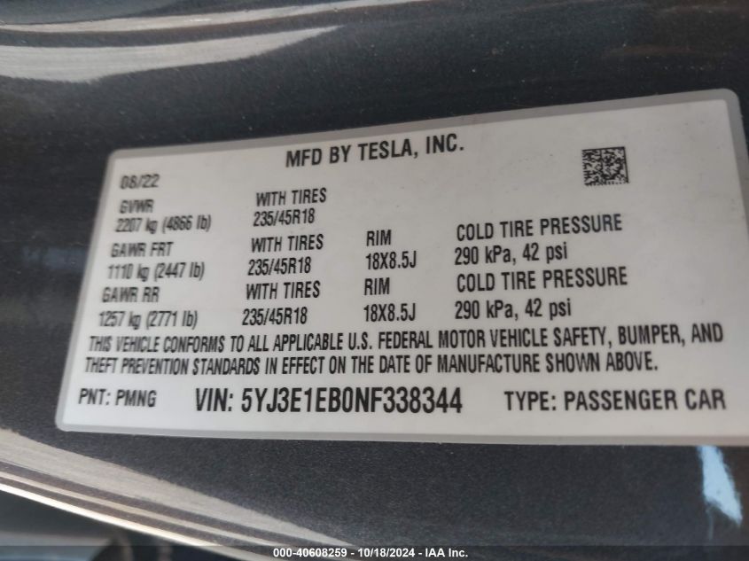 2022 Tesla Model 3 Long Range Dual Motor All-Wheel Drive VIN: 5YJ3E1EB0NF338344 Lot: 40608259