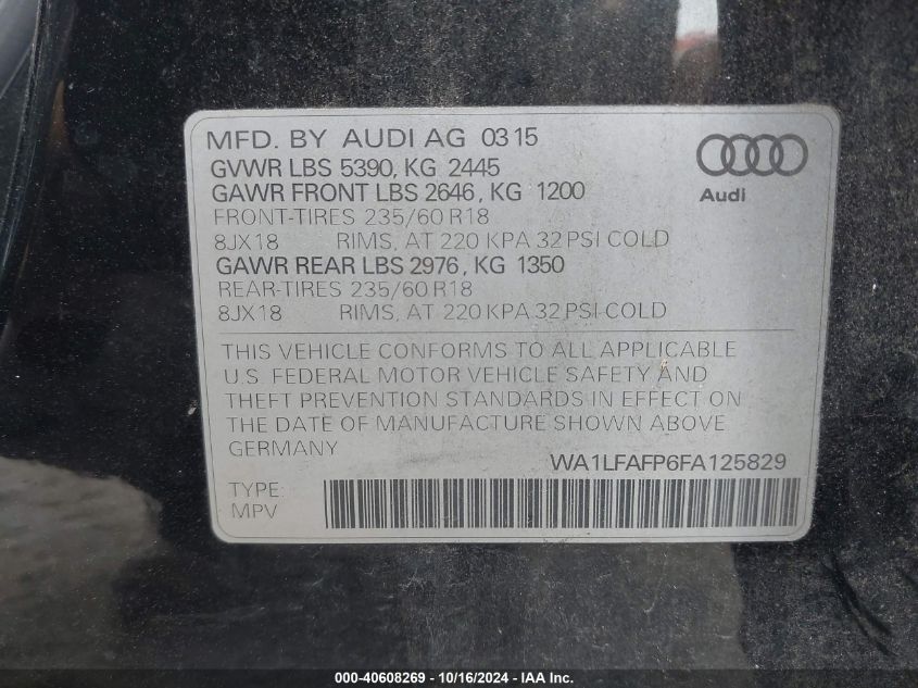 2015 Audi Q5 2.0T Premium VIN: WA1LFAFP6FA125829 Lot: 40608269