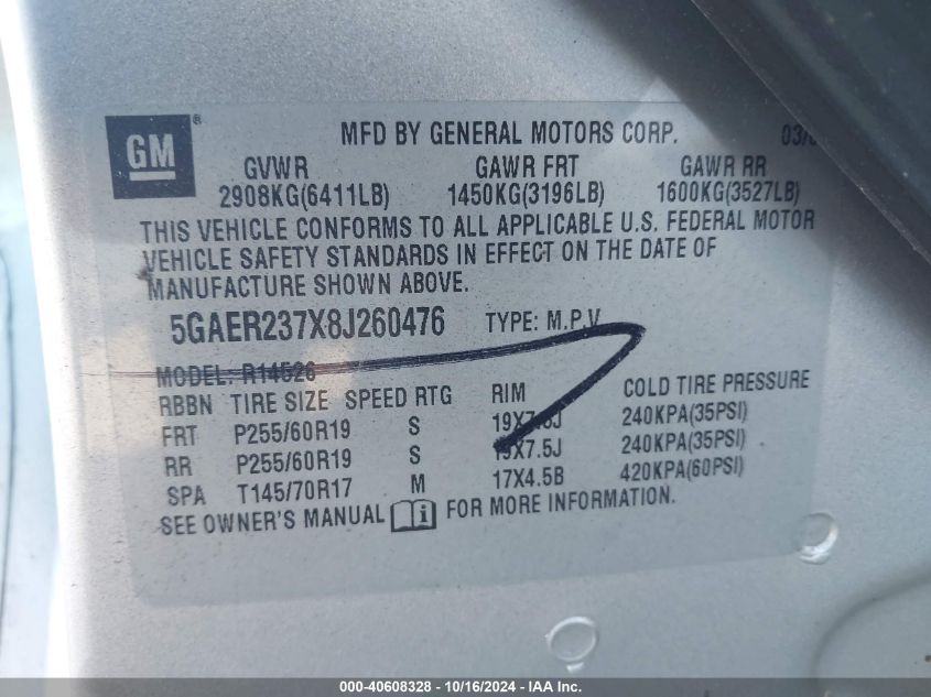 2008 Buick Enclave Cxl VIN: 5GAER237X8J260476 Lot: 40608328