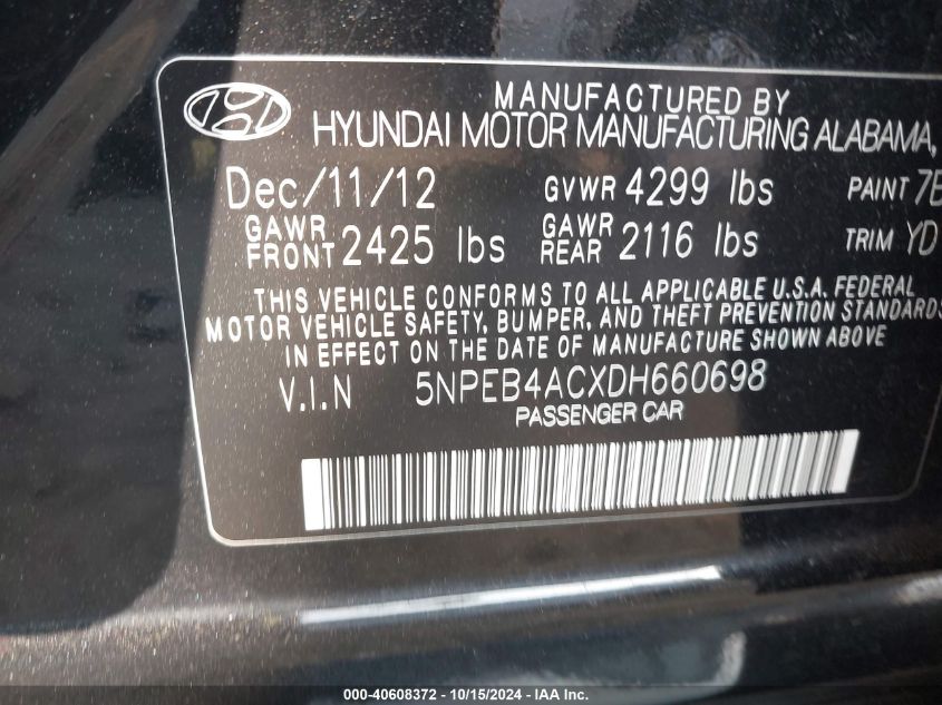 2013 Hyundai Sonata Gls VIN: 5NPEB4ACXDH660698 Lot: 40608372