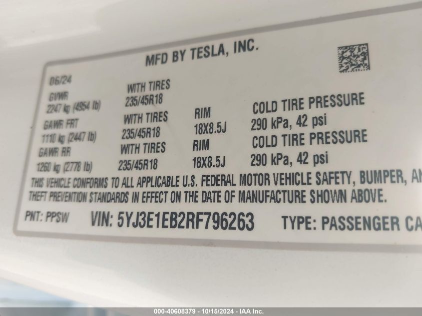 2024 Tesla Model 3 Long Range Dual Motor All-Wheel Drive VIN: 5YJ3E1EB2RF796263 Lot: 40608379