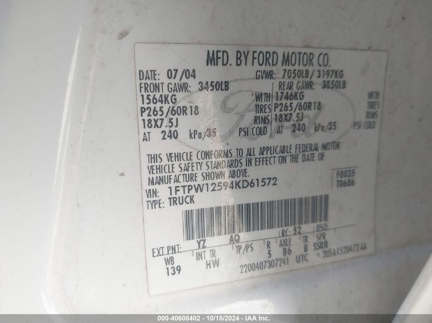 2004 Ford F-150 Lariat/Xlt VIN: 1FTPW12594KD61572 Lot: 40608402
