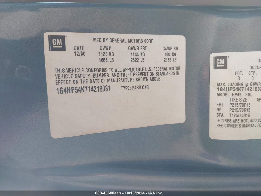 2001 Buick Lesabre Custom VIN: 1G4HP54K714218031 Lot: 40608413