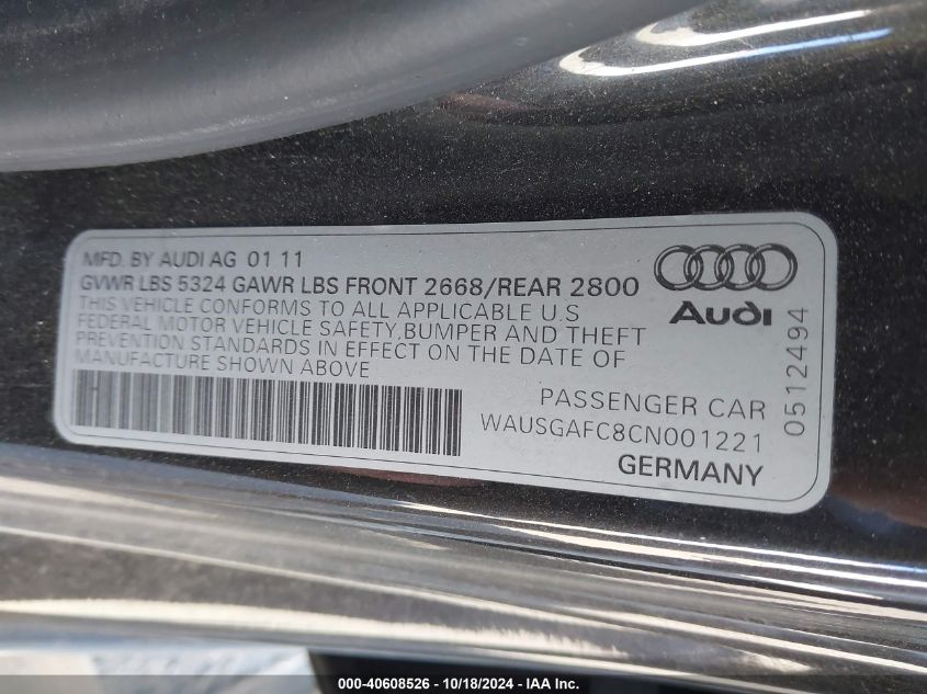 2012 Audi A7 Premium VIN: WAUSGAFC8CN001221 Lot: 40608526