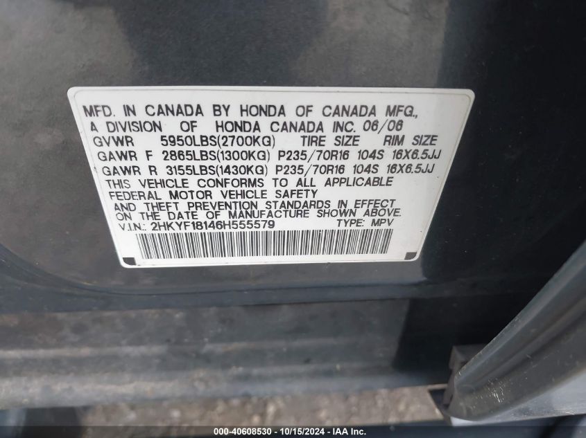 2006 Honda Pilot Lx VIN: 2HKYF18146H555579 Lot: 40608530