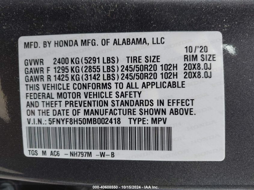 2021 Honda Passport Awd Ex-L VIN: 5FNYF8H50MB002418 Lot: 40608550