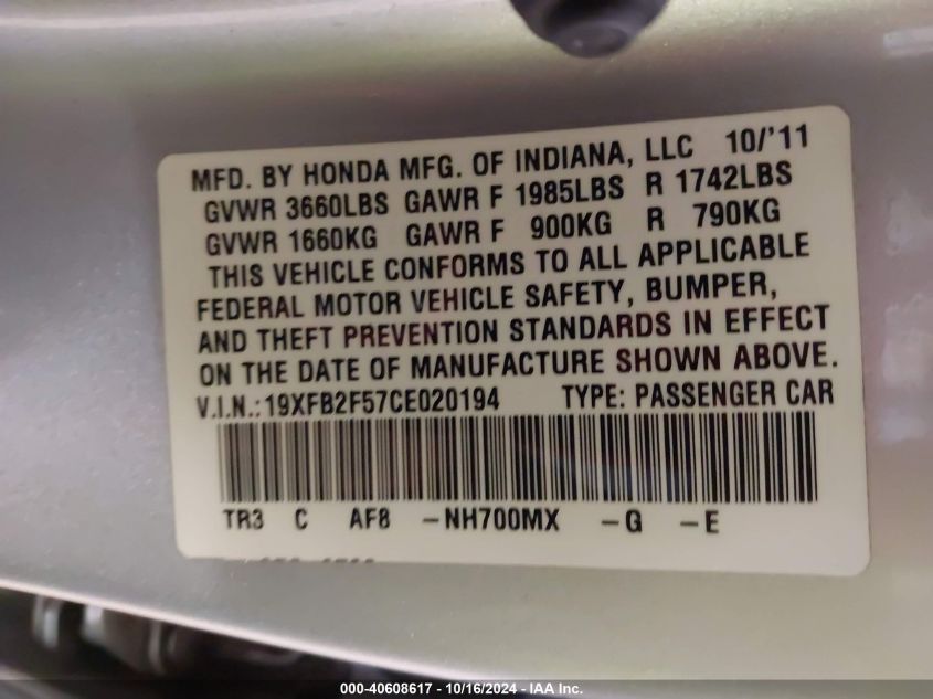 2012 Honda Civic Sdn Lx VIN: 19XFB2F57CE020194 Lot: 40608617