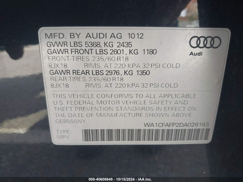 2013 Audi Q5 2.0T Premium VIN: WA1CFAFP2DA026163 Lot: 40608649