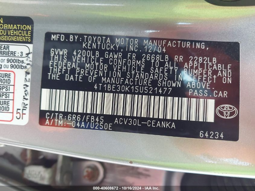 2005 Toyota Camry Le VIN: 4T1BE30K15U521477 Lot: 40608672