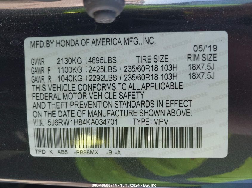 2019 Honda Cr-V Ex-L VIN: 5J6RW1H84KA034701 Lot: 40608714